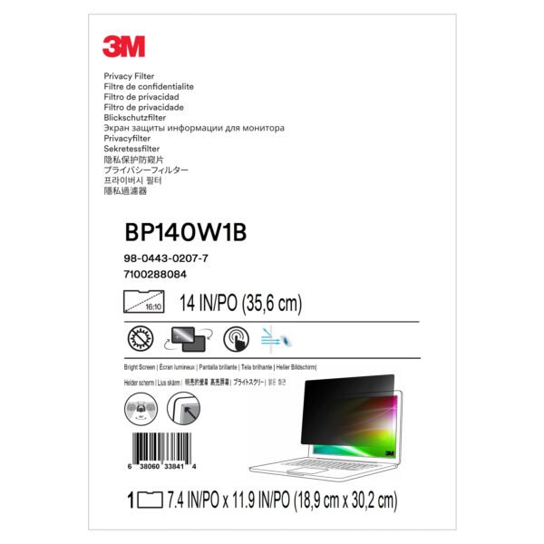3M™ Bright Screen Privacy Filter for 14in Laptop, 16:10, BP140W1B